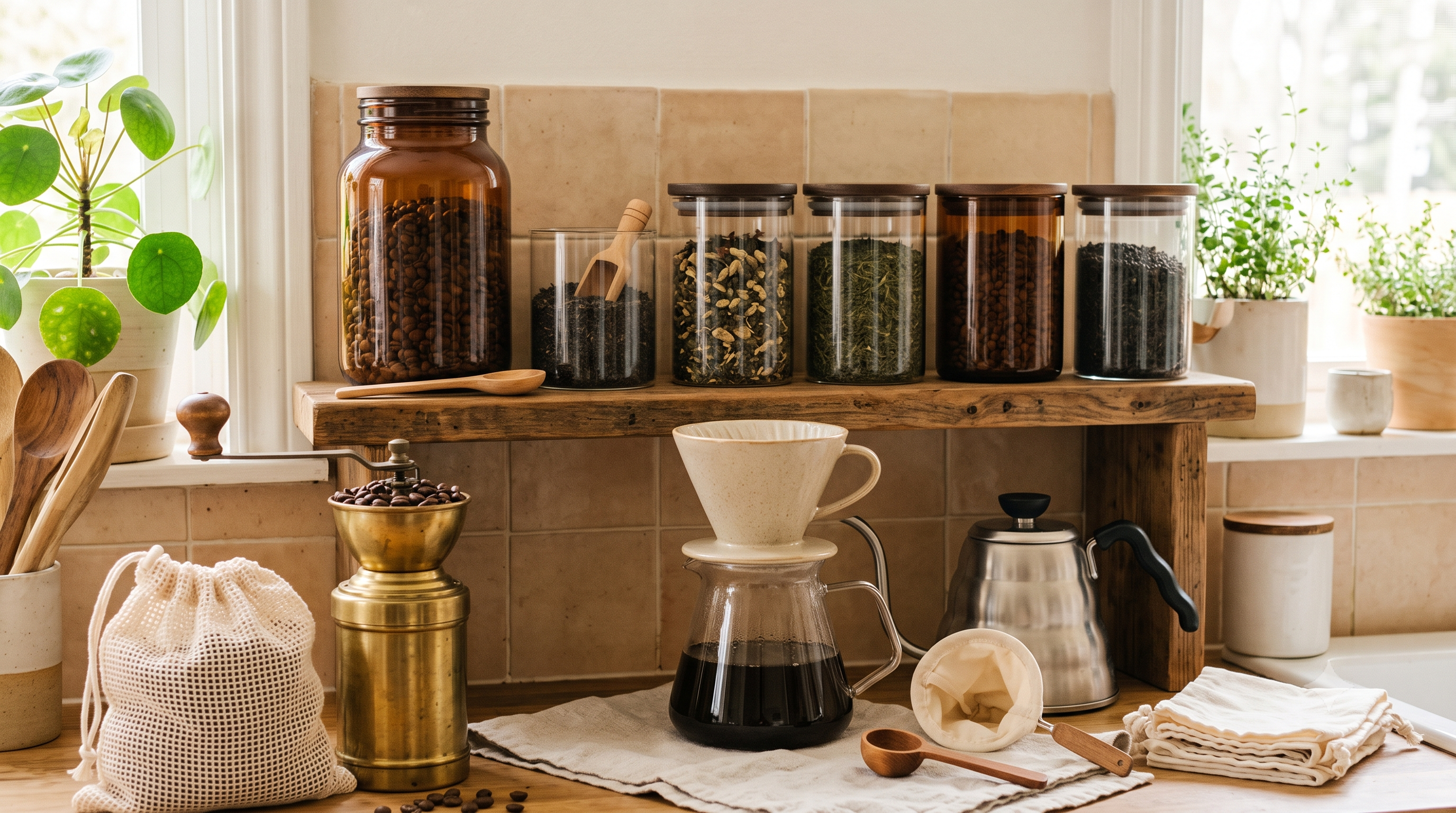 A zero-waste coffee assortment containing glass jars, clean tea bags, and bamboo scoopers.