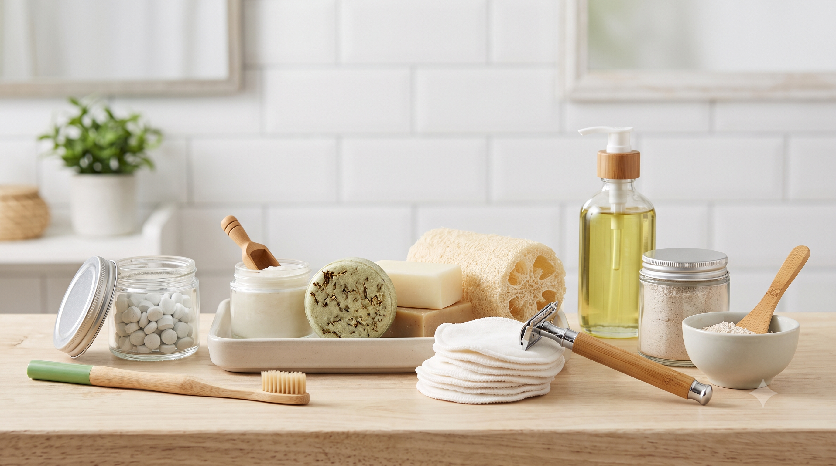 an assortment of personal care essentials laid out on a bright wooden countertop