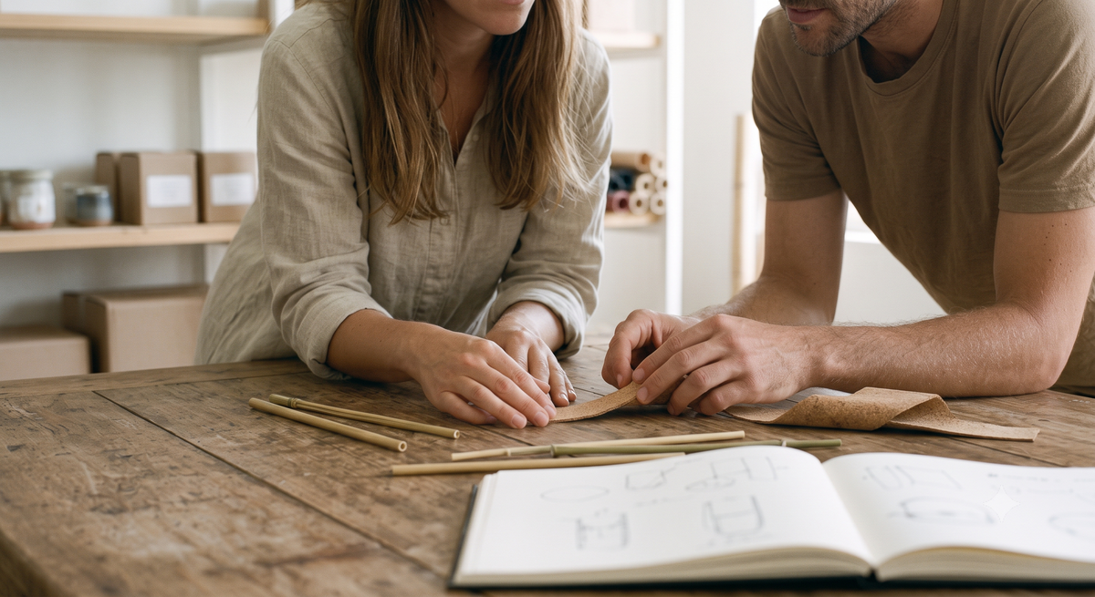 a man and a woman look over bamboo designs at a work table