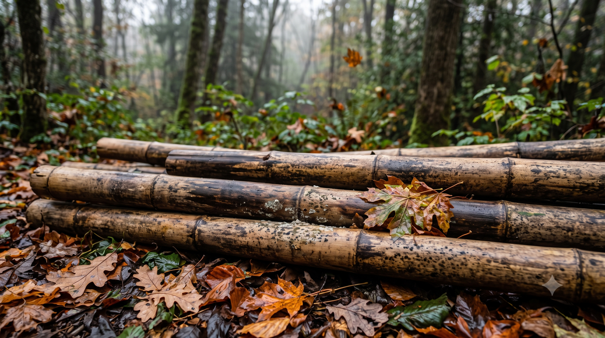 a pile of bamboo on the ground of a damp, post-rain forest setting.