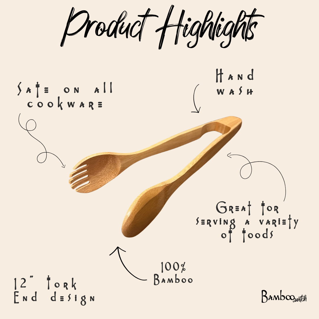 12" Bamboo Serving Tong with Fork End - Bamboo Switch