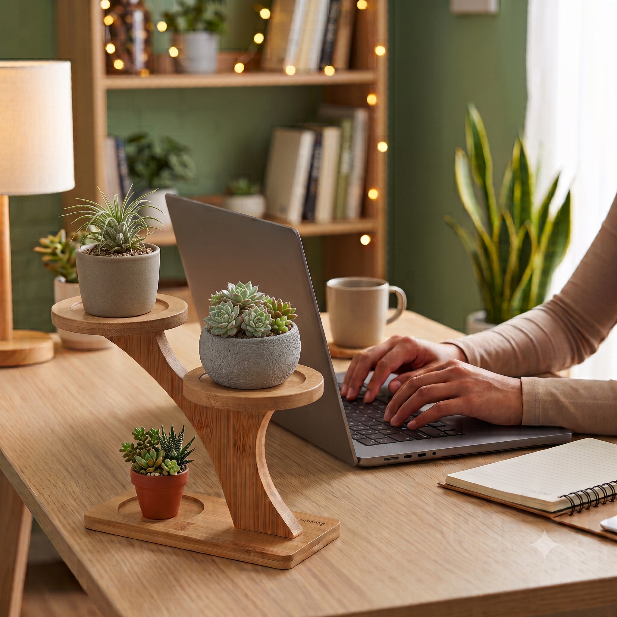 Bamboo Plant Stand for Succulents in Use in an Office Setting | Bamboo Switch