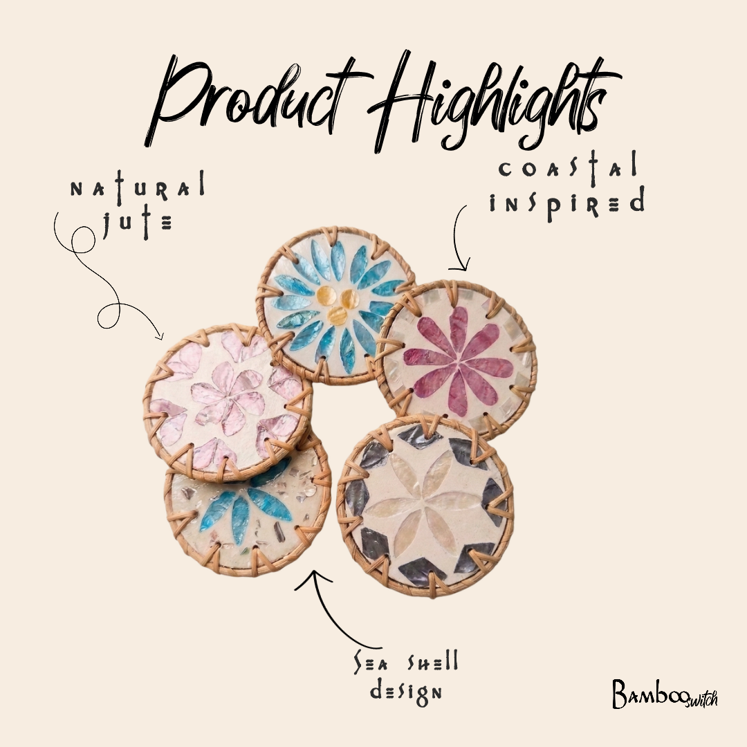 Product highlights graphic showing five round woven coasters with floral and geometric designs in pastel colors, labeled with handwritten text including 'natural jute', 'coastal inspired', and 'sea shell design' on a beige background by Bamboo Switch