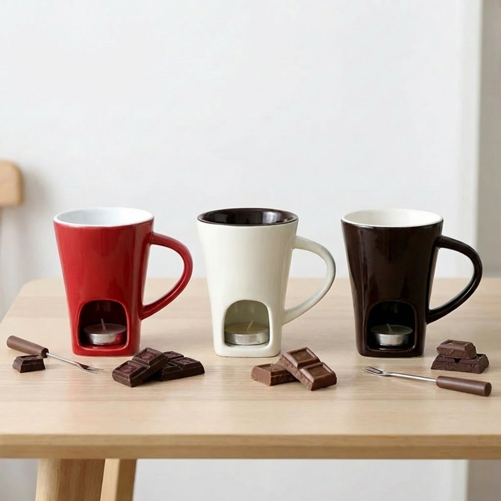 Three mugs with built-in chocolate holders on a wooden table with chocolate pieces and utensils.