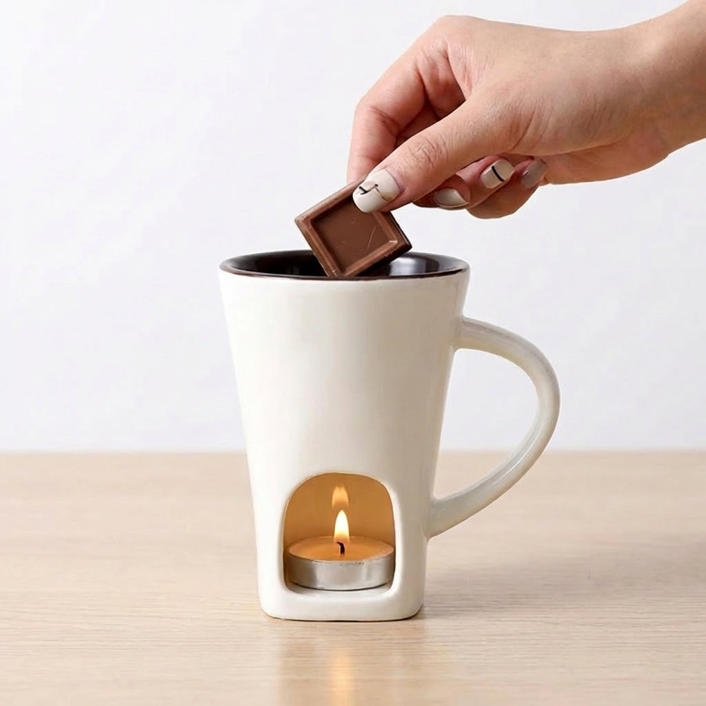 Hand placing a chocolate bar into a mug with a built-in candle