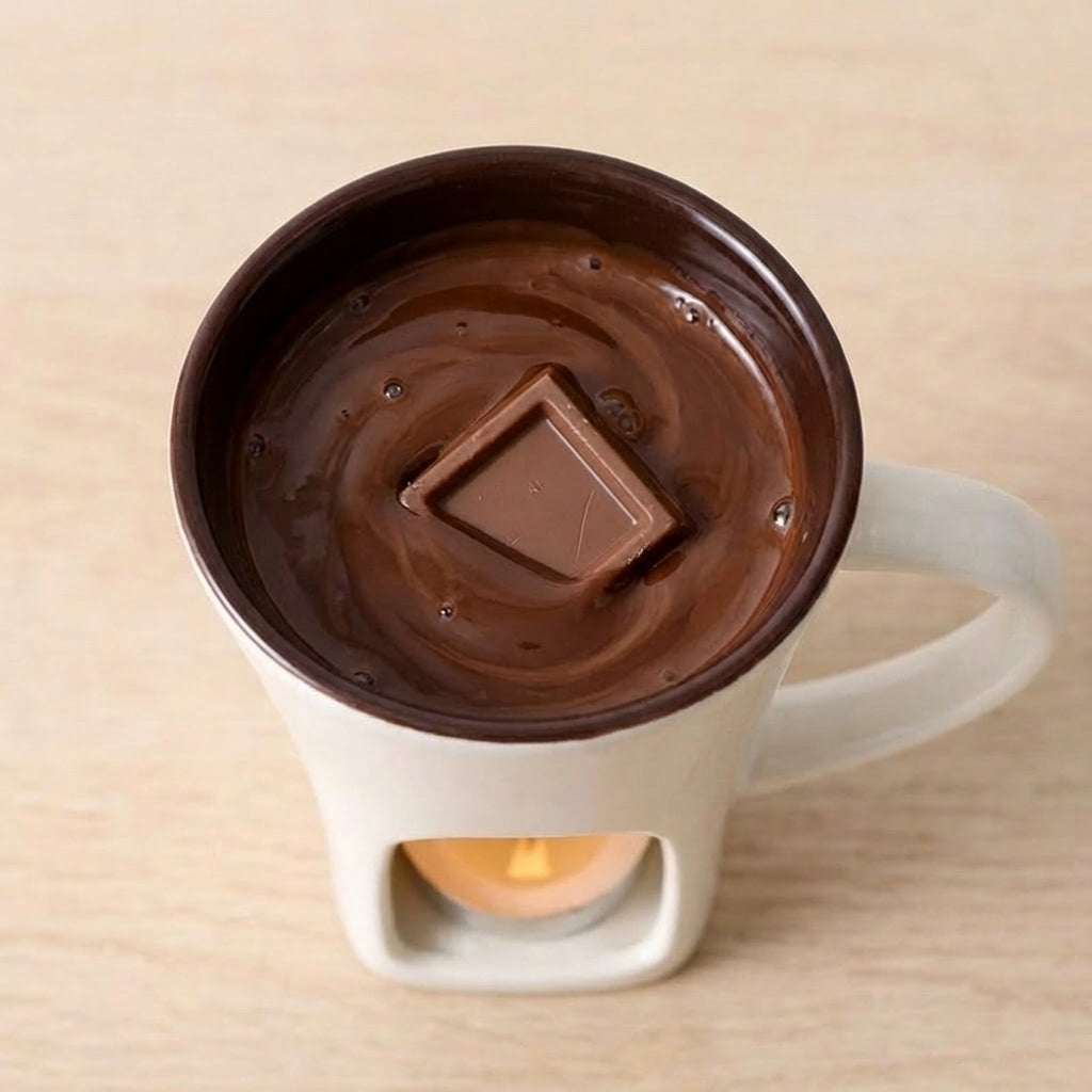 Mug with a chocolate interior and a square chocolate bar on a beige background