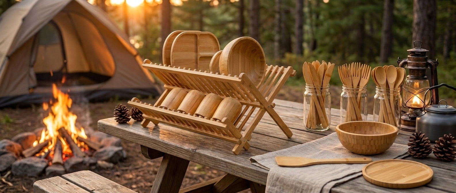 A set of light natural bamboo camping tableware, including a dish rack, bowls, spoons, and plates, arranged on a wooden picnic table outdoors next to a campfire and a tent in a forest setting by Bamboo Switch®
