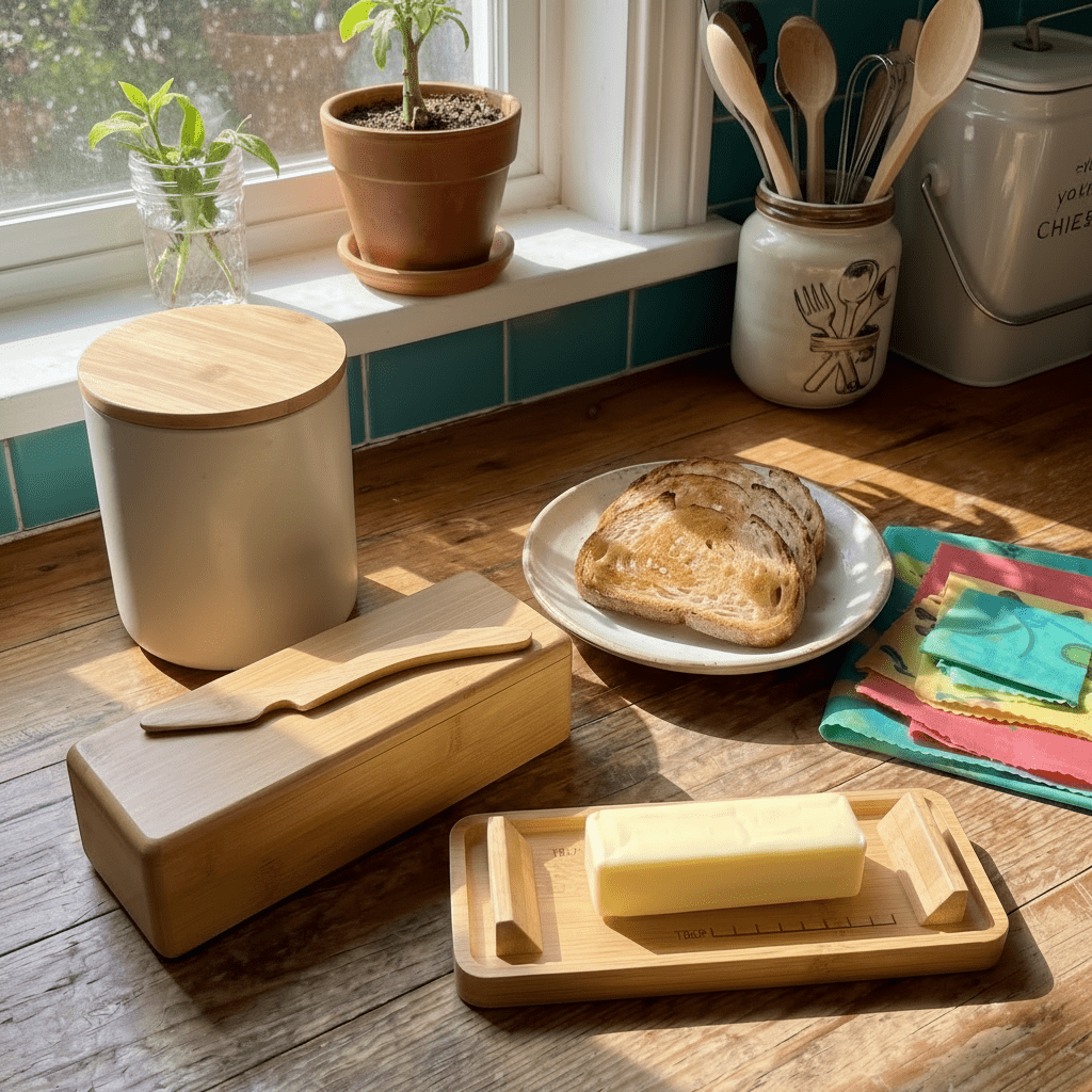 Bamboo Butter Dish in a natural eco-friendly kitchen setting with toast | Bamboo Switch