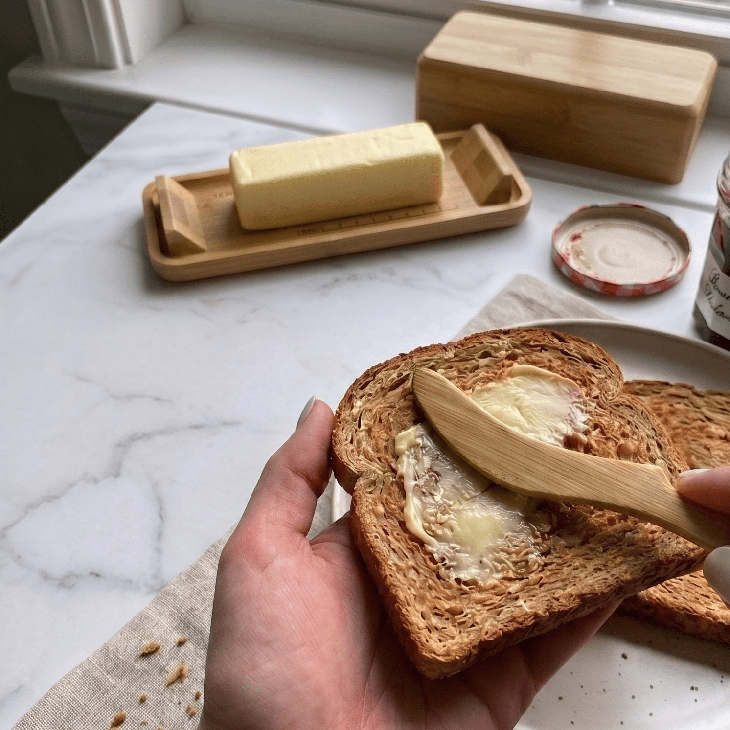 Bamboo Butter Dish being used by a model to store and spread butter | Bamboo Switch
