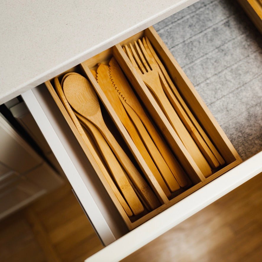 Bamboo Cutlery Set in Drawer Organizer - Bamboo Switch