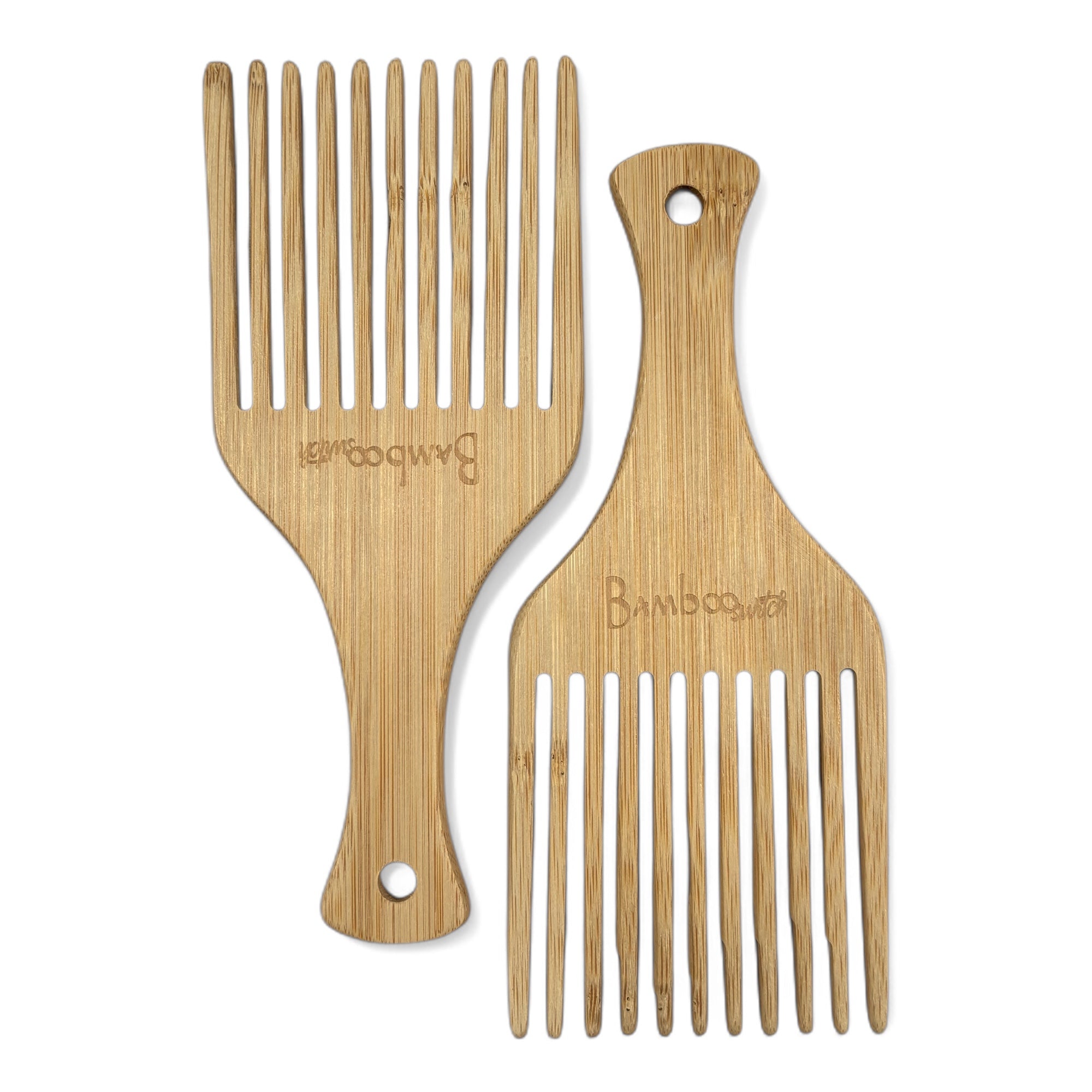 Two Bamboo Hair Picks on a White Background - Bamboo Switch