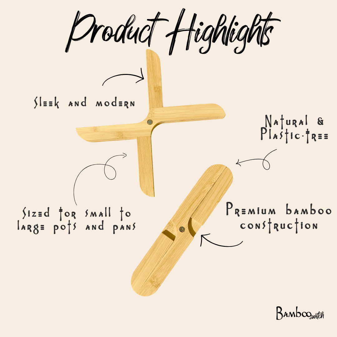 Product highlights graphic for a bamboo trivet stand on a light beige background