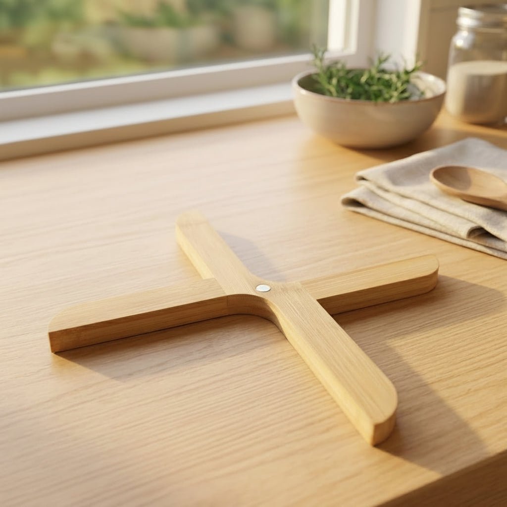 A light natural bamboo cross-shaped cutting board or trivet with a small metal rivet at the center, resting on a matching wooden tabletop near a window.