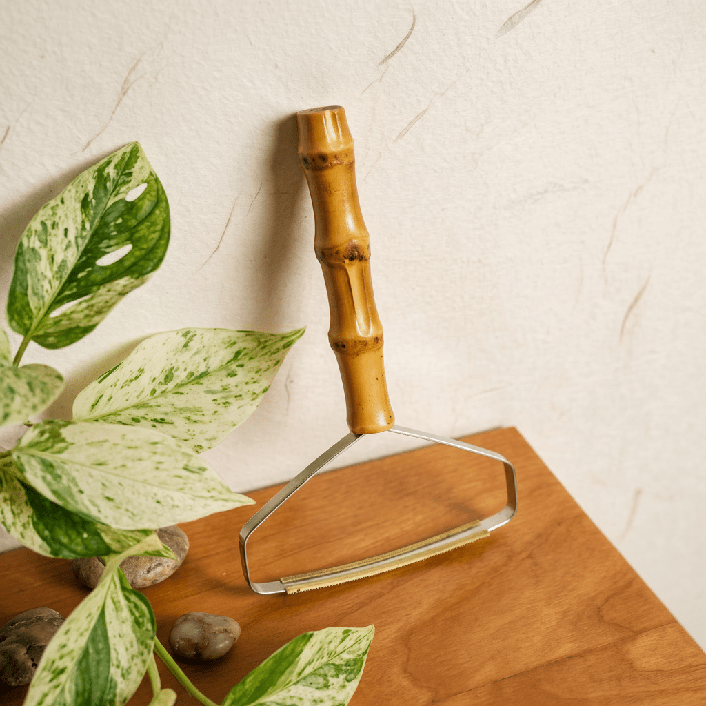 Bamboo Lint Remover laid on a table next to some foliage | Bamboo Switch