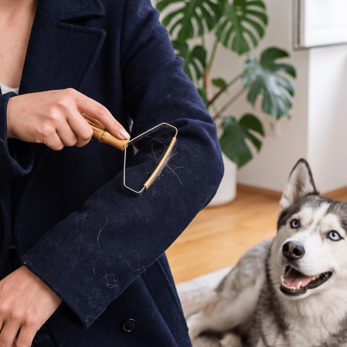a woman removes lint from her coat as her pet dog observes in the background | Bamboo Switch