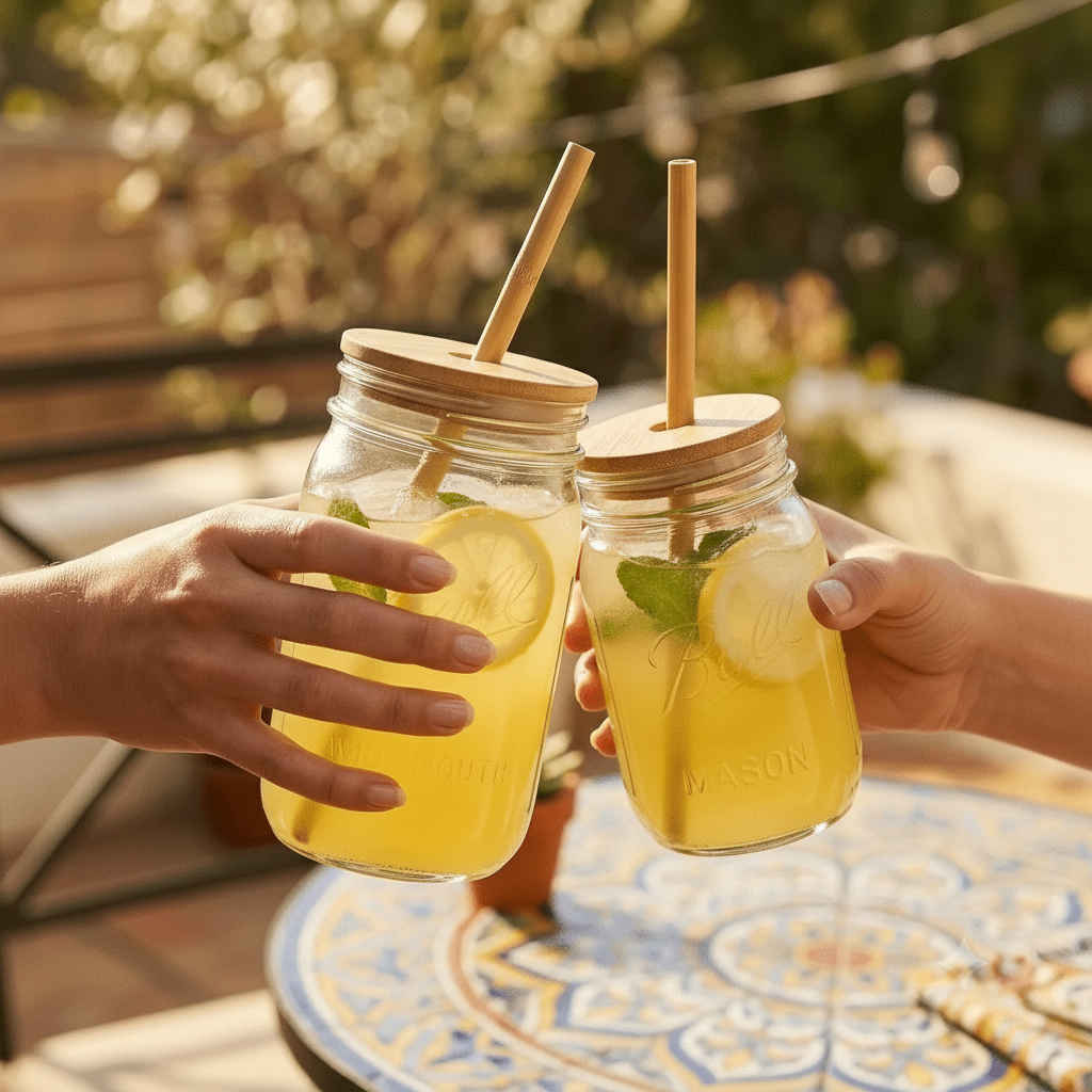 Hands toasting mason jars with bamboo straw lids outdoors | Bamboo Switch