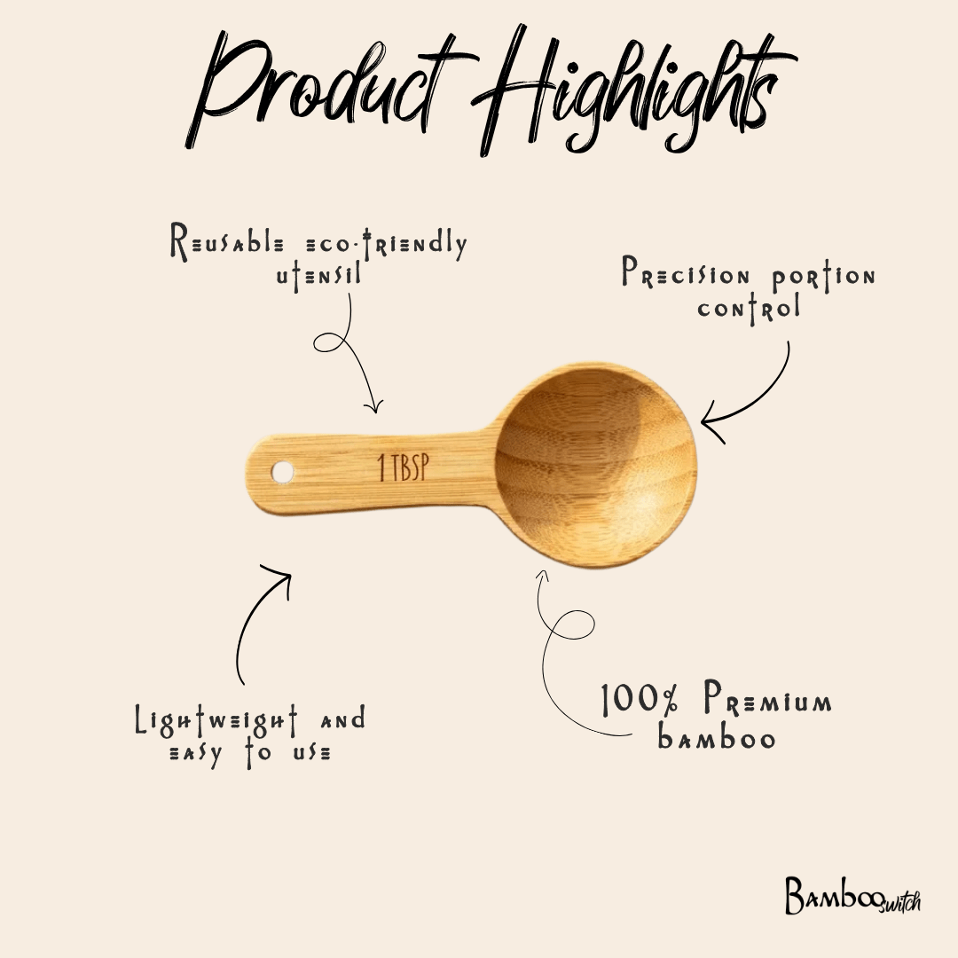 Infographic listing product highlights of measuring tablespoon | Bamboo Switch