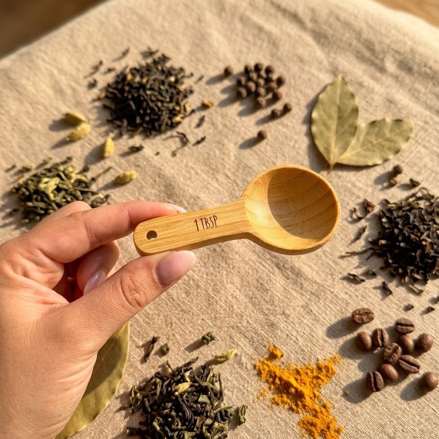 Hand holding bamboo measuring spoon over loose tea leaves | Bamboo Switch