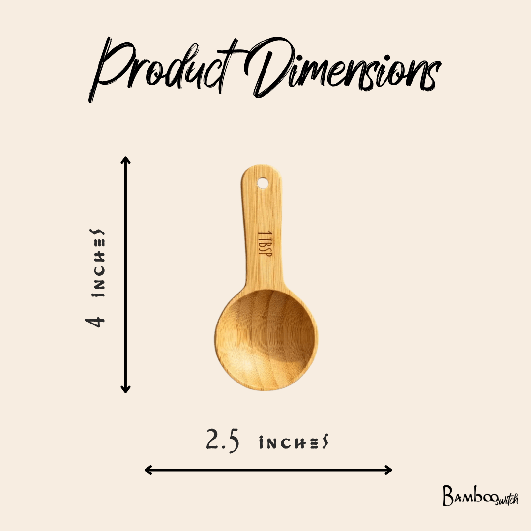 Product dimensions graphic showing 4 inch measuring tablespoon | Bamboo Switch