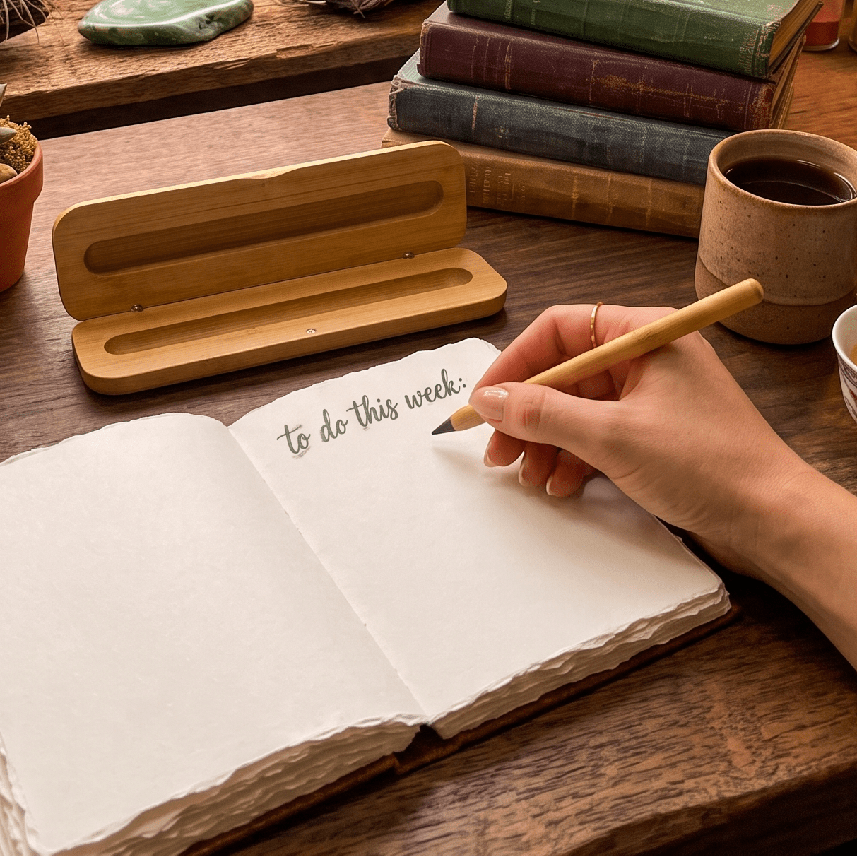 model uses never ending pencil to write in a notebook | Bamboo Switch