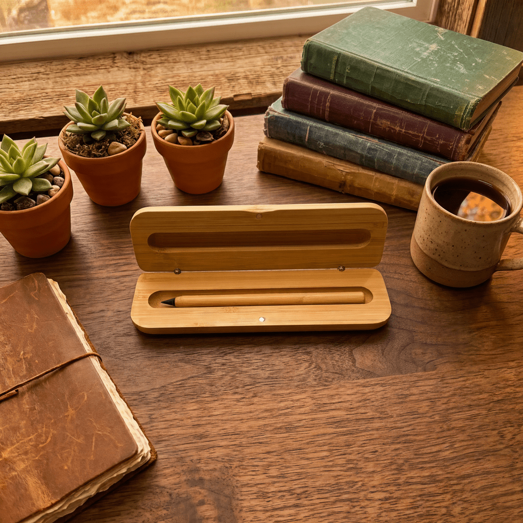 bamboo never ending pencil in its case sitting on a desk surrounded by study materials and succulents | Bamboo Switch