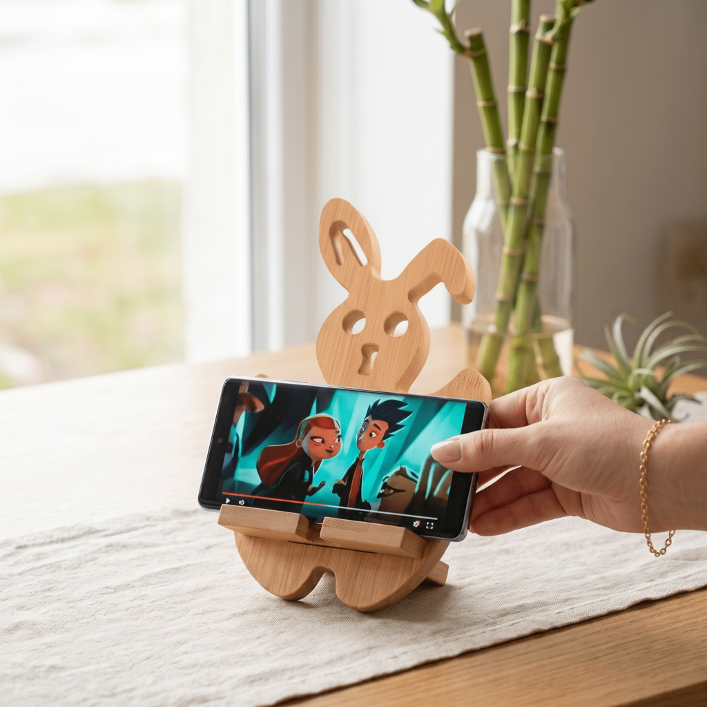 Hand adjusting phone in bunny stand while watching video | Bamboo Switch