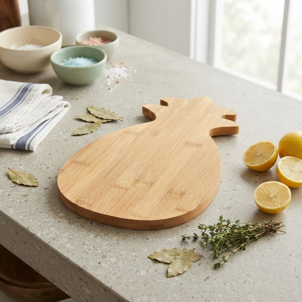 A light natural bamboo pineapple-shaped cutting board sits on a speckled gray kitchen countertop, surrounded by lemons, bay leaves, herbs, and small bowls of ingredients.