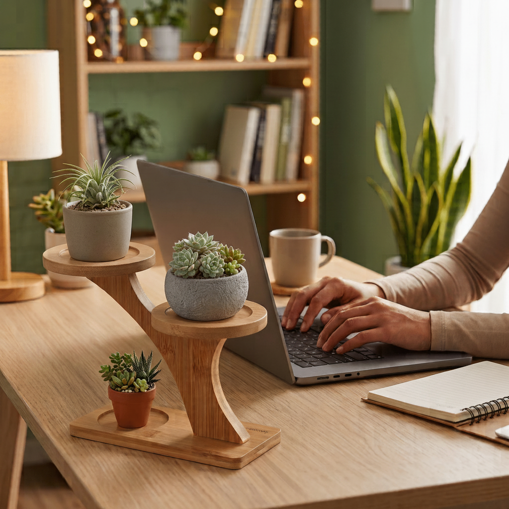 Bamboo Plant Stand for Succulents in Use in an Office Setting | Bamboo Switch
