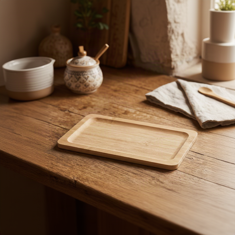 Bamboo snack plate on rustic wooden table setting | Bamboo Switch