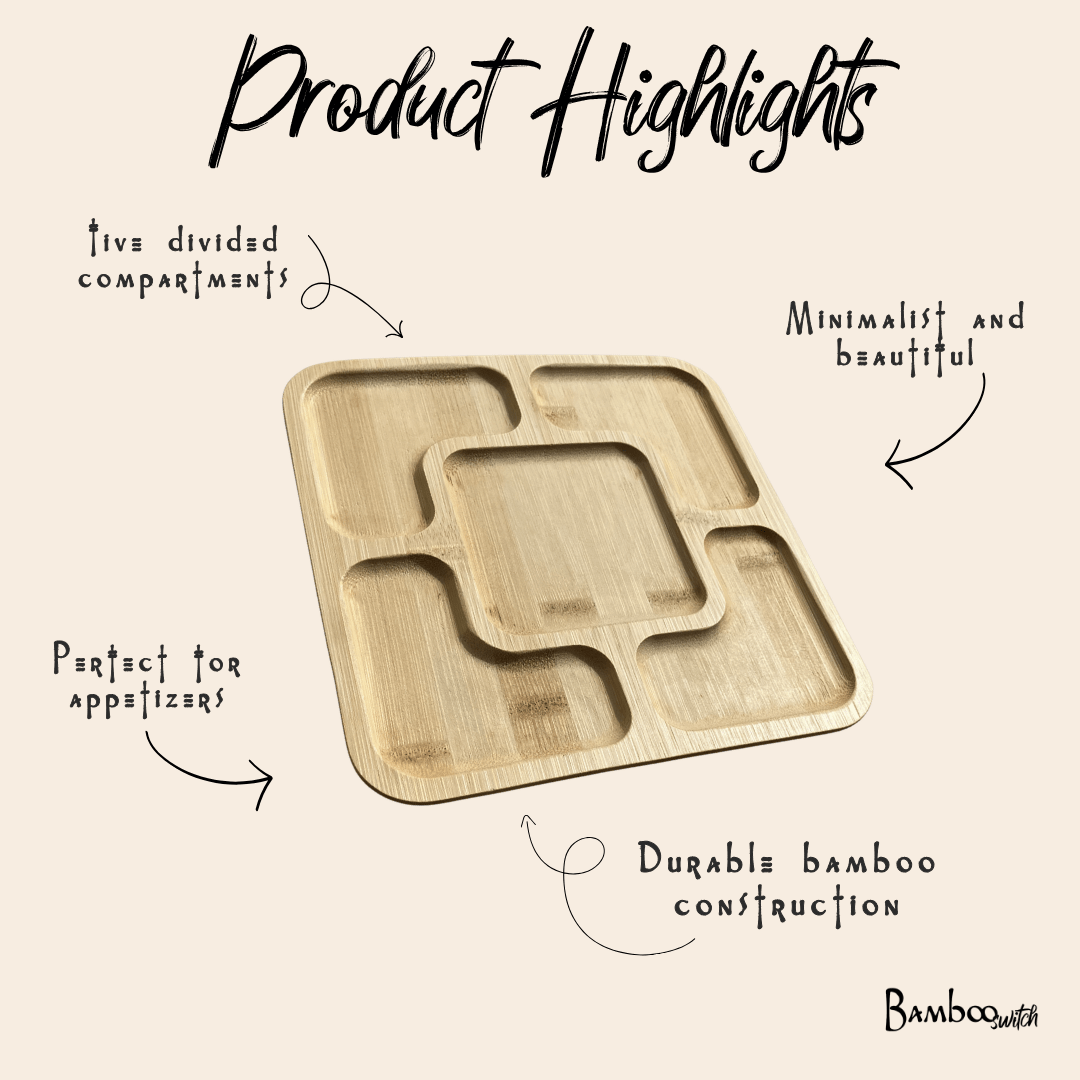 A bamboo divided appetizer tray shown on a beige background with handwritten callouts reading 'Product Highlights,' 'five divided compartments,' 'Minimalist and beautiful,' 'Perfect for appetizers,' and 'Durable bamboo construction.' The Bamboo Switch brand name appears in the bottom right.