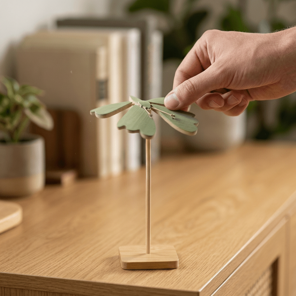 bamboo butterfly decorates a desk while being inspected by a model | Bamboo Switch