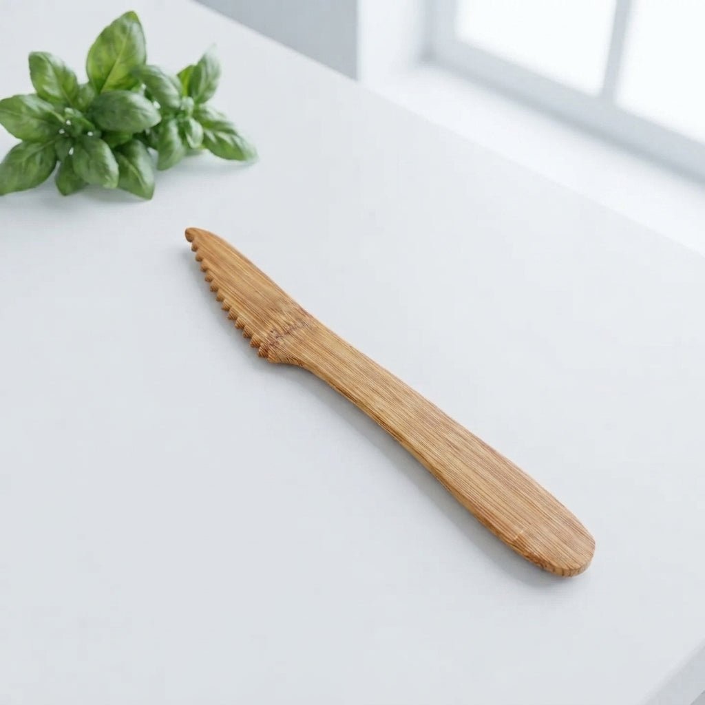 A light brown bamboo butter knife with serrated edges, resting diagonally on a white table next to a small green basil plant.