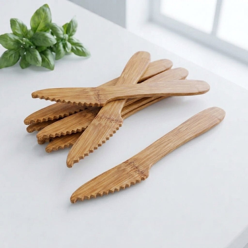 A set of bamboo knife cutlery with serrated edges, displayed on a white tabletop with a small green plant in the background.