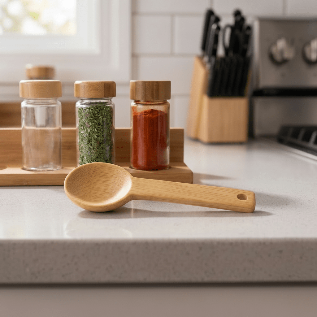 A bamboo spoon lays on a counter in front of spices | Bamboo Switch