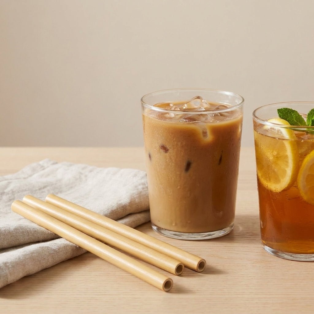 Two glasses of iced beverages on a wooden surface with bamboo straws by Bamboo Switch®