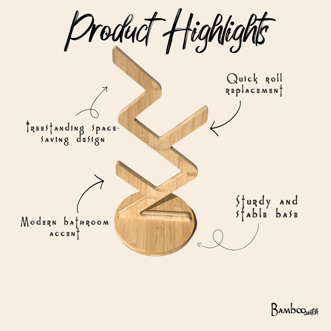 Product highlights graphic for a bamboo toilet paper stand on a beige background, with handwritten callouts pointing to standing space-saving design, quick roll replacement, sturdy and stable base, and modern bathroom accent by Bamboo Switch®