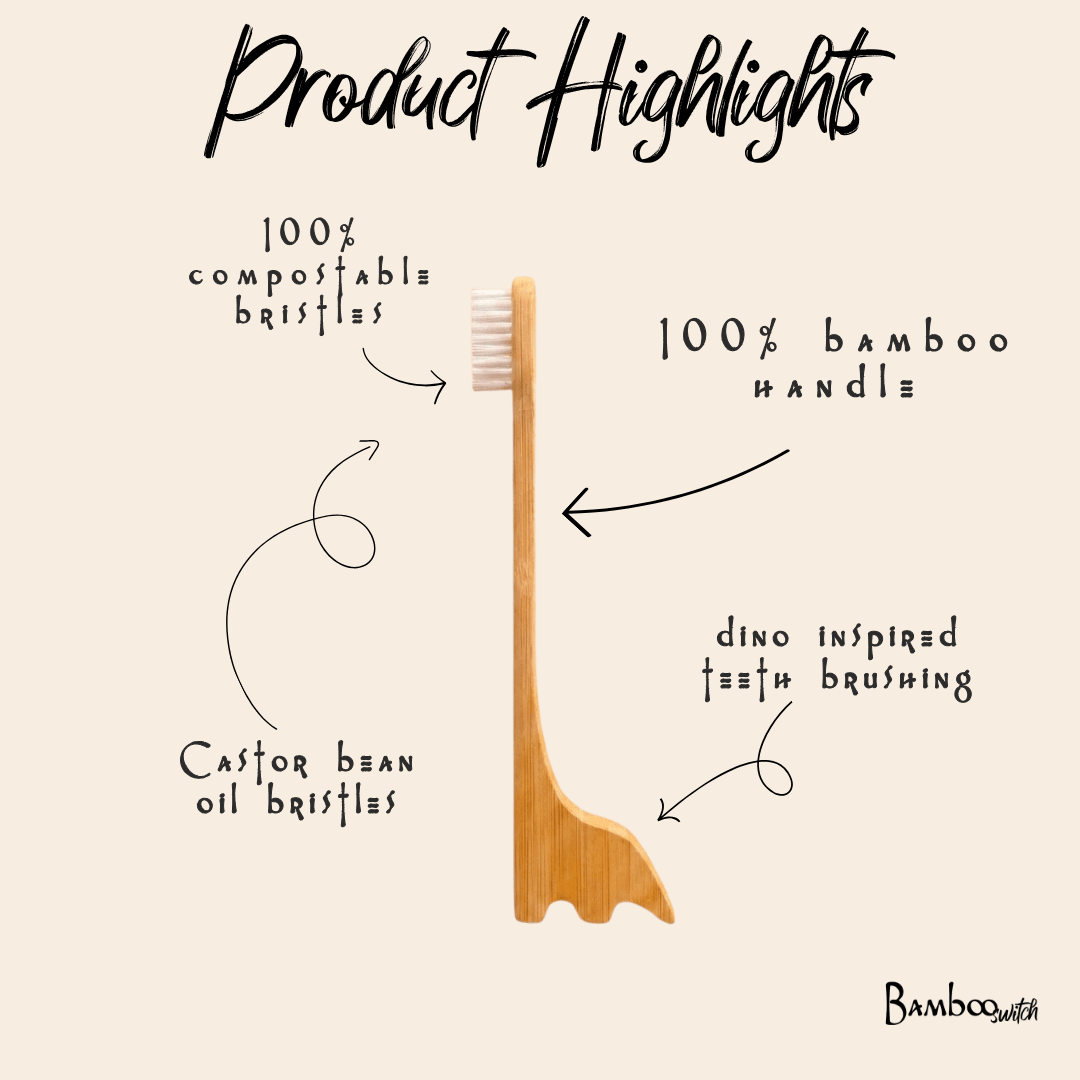 A bamboo toothbrush is shown on a beige background with handwritten callouts reading 'Product Highlights,' '100% compostable bristles,' '100% bamboo handle,' 'Castor bean oil bristles,' and 'dino inspired teeth brushing.' by Bamboo Switch