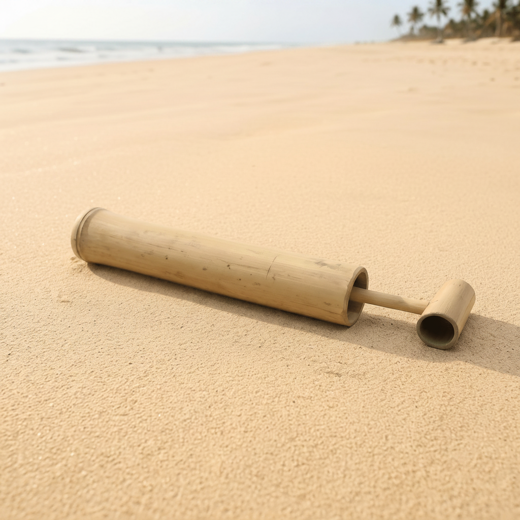 Bamboo water sprayer toy lying on beach sand | Bamboo Switch