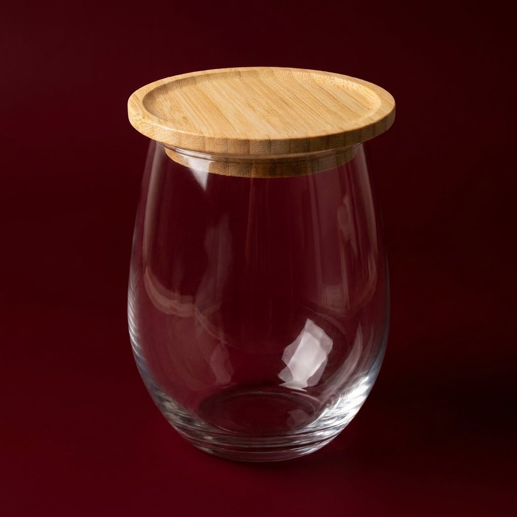 A clear glass jar with a rounded, bulbous shape and a light natural bamboo lid, set against a solid dark red background by Bamboo Switch