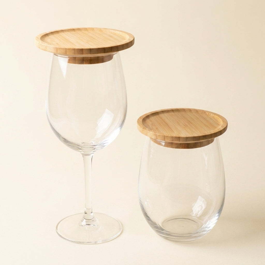 Two clear glass containers with bamboo lids, one shaped like a wine glass and one like a short jar, on a warm beige background by Bamboo Switch