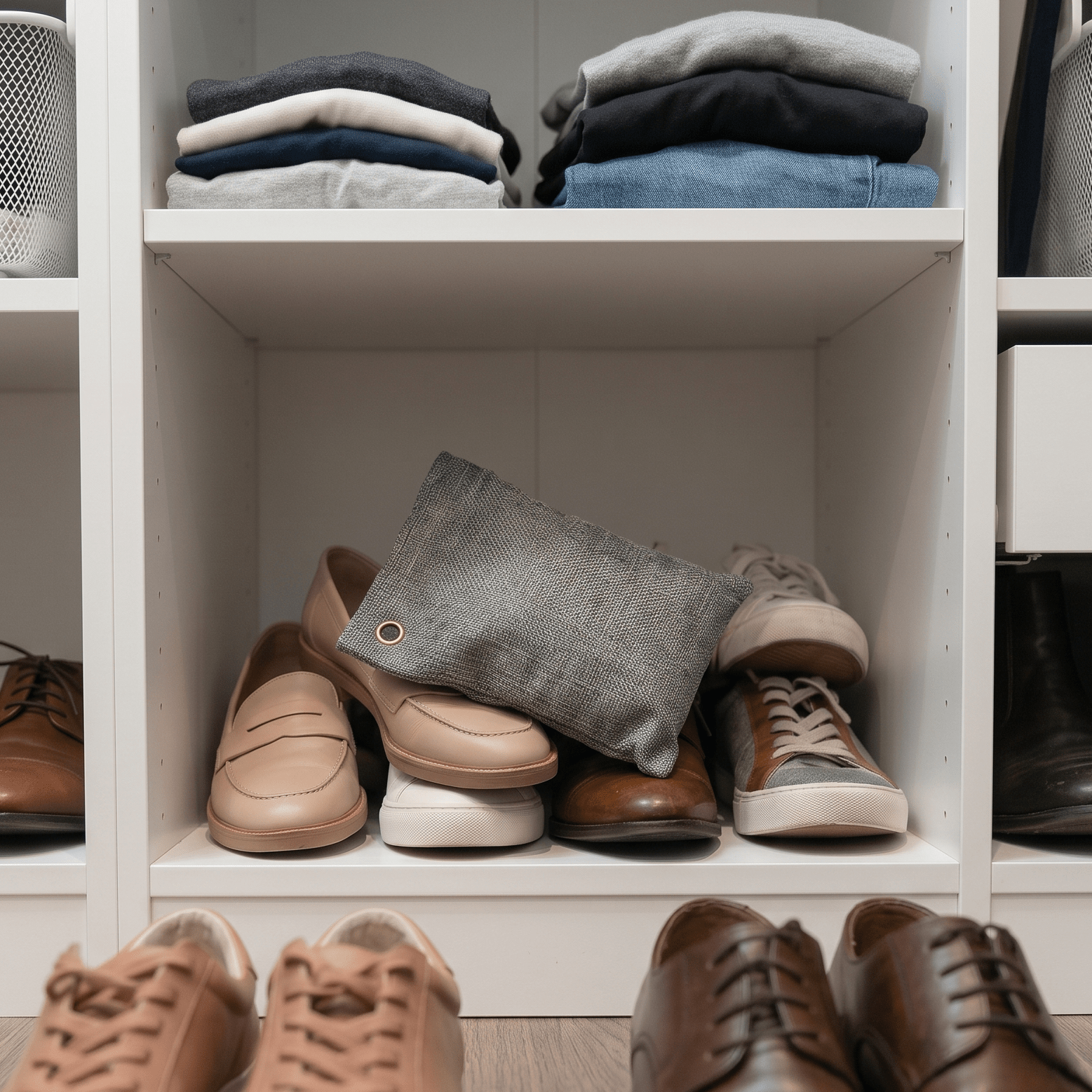 charcoal purifying bag in a closet to fight odors from shoes | Bamboo Switch
