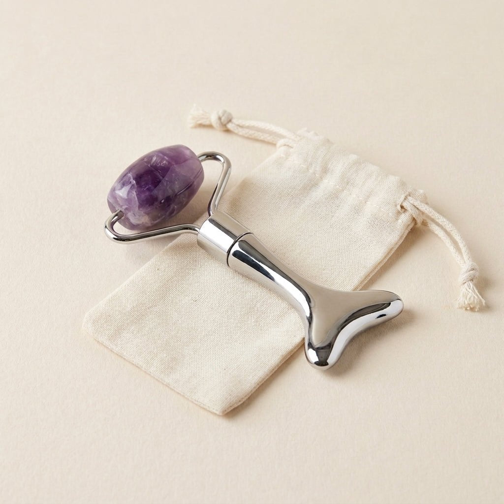 Mini Amethyst Facial Roller and Cotton drawstring travel bag by Bamboo Switch