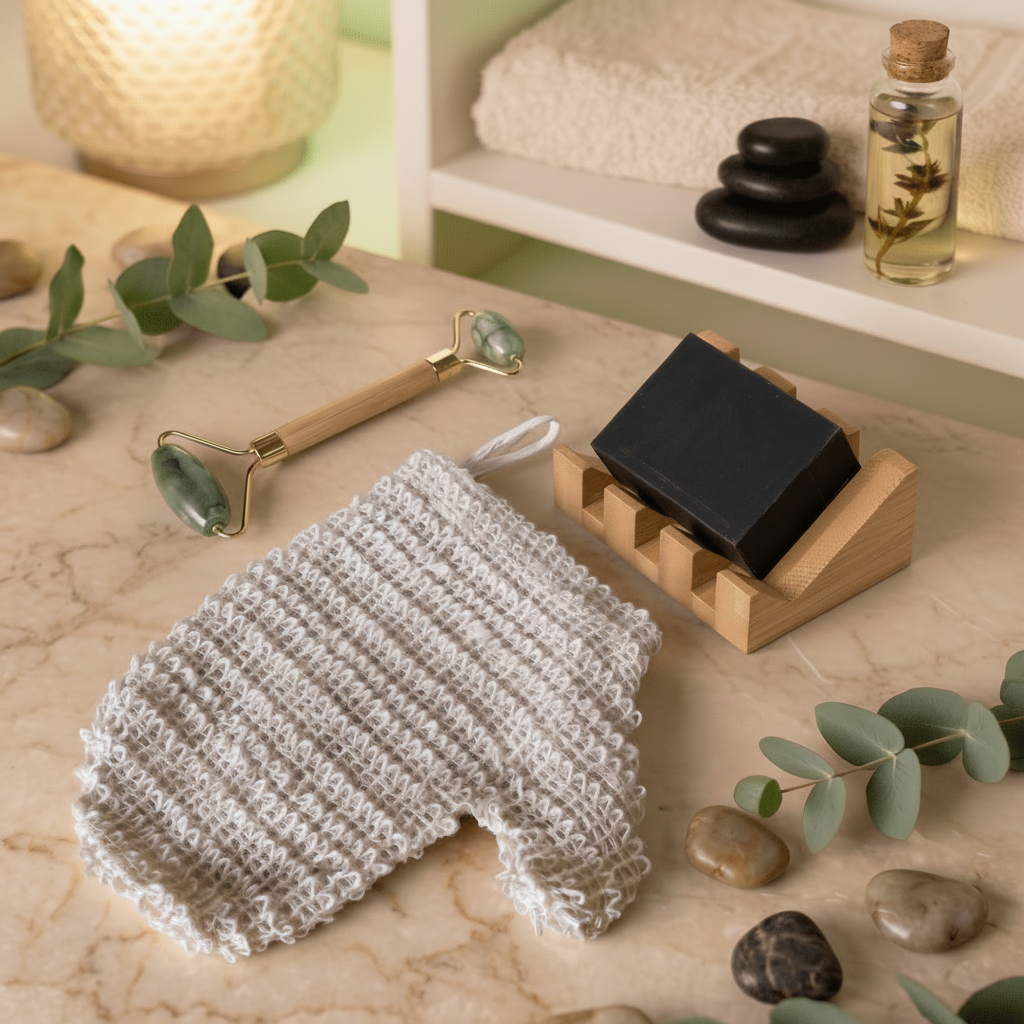 A spa-themed product collection featuring a textured off-white sisal glove, a bamboo-handled jade roller, a bar of charcoal soap on a bamboo stand, and green eucalyptus leaves on a beige stone surface by Bamboo Switch®