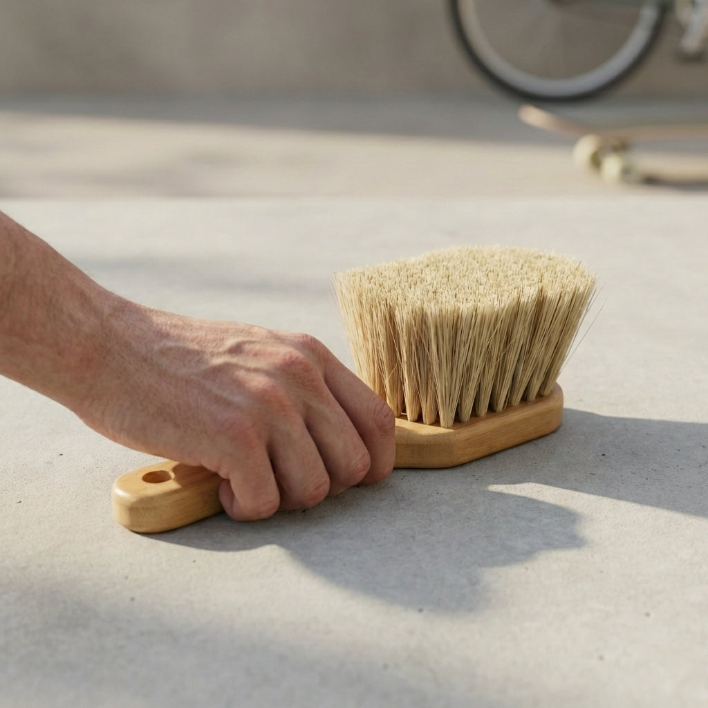 Hand holding a bamboo brush with bristles on a concrete surface.