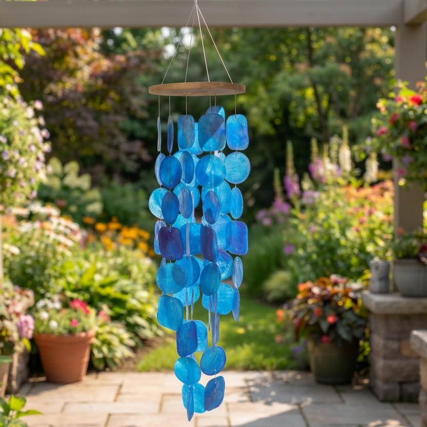A blue glass wind chime with circular disc-shaped pieces hangs from a wooden top in a garden patio setting.