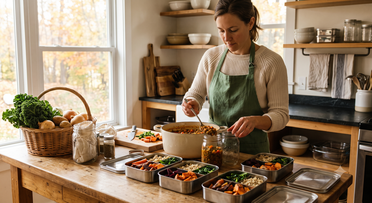 a woman prepares meals in metal containers in an eco-conscious kitchen setting