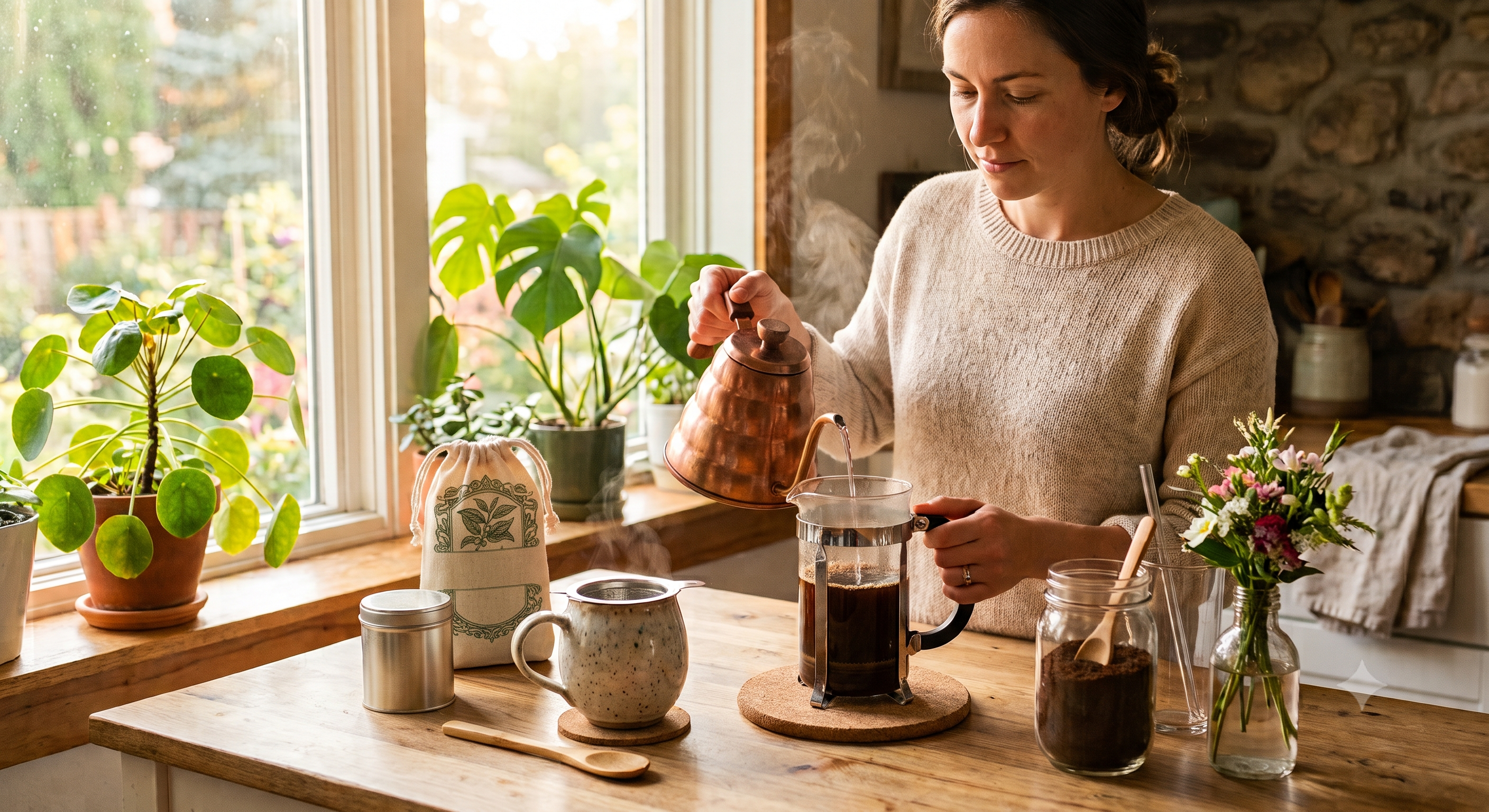 Woman practicing sustainable coffee and tea habits pouring hot water in her eco-decorated kitchen | Bamboo Switch