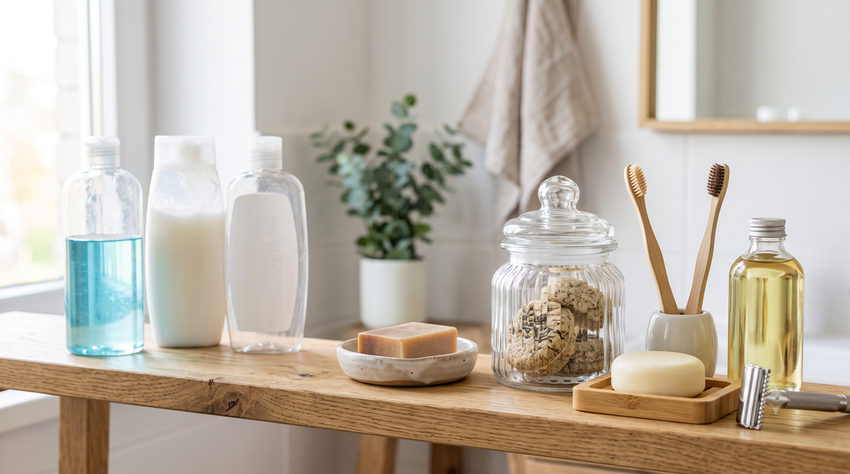 a wooden table showcasing new, renewable and compostable items replacing old plastic bottles.