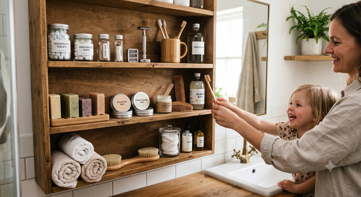a mother and daughter putting away their sustainable bathroom cabinet contents