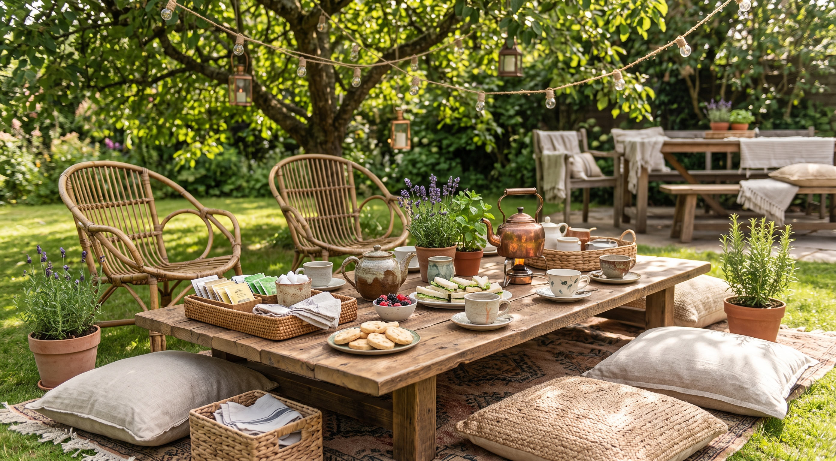 a tea picnic set up for a group in a lush green yard, a full table and grand assortment of tea options is shown.